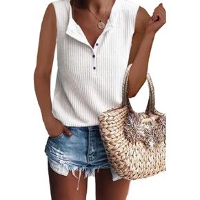 Famulily Women's Flowy Waffle Knit Tank Tops Loose Button Up V Neck Henley Shirts in Kuwait