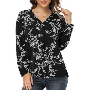 Jouica Blouses for Women Casual Chiffon Blouse Tops Loose V Neck Long Sleeve Blouse