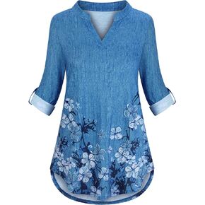 LURANEE Women 3/4 Roll Sleeve Shirts Notch V Neck Flowy Plaid Tunic Blouses in Kuwait