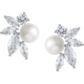 SWEETV Pearl Wedding Earrings for Brides, Bridesmaids, Bridal Pearl Cluster Earrings, Cubic Zirconia Pearl Drop Stud Earrigs for Women, Formal Jewelry Mother's Day Gifts