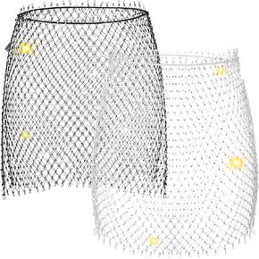2 Pieces Women Mesh Rhinestone Skirt See Through Rhinestone Skirts Belly Dance Beach Wrap Cover Up Rhinestone Skirt Body Crystal Rave Skirts for Swimwear White, Black in Kuwait