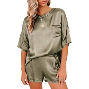 LYANER Women's Satin Silky Pajama Set Short Sleeve T-shirt With Shorts Set PJ Loungewear in Kuwait