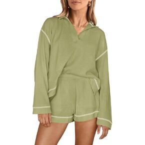 PRETTYGARDEN Women's 2023 Fall Two Piece Outfits Lounge Sets Tracksuit Long Sleeve Lapel Shirts Tops And Shorts With Pockets in Kuwait