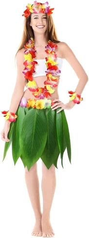 DomeStar Leaf Skirt and Garland Set, Hawaiian Style Dance Set Grass Skirt and Flowers Hairclip Banana Leaf Apron and Colorful Garland for Hawaiian Dance Beach Party Green in Saudi Arabia