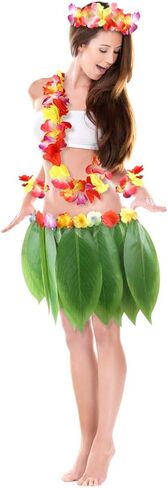 DomeStar Leaf Skirt and Garland Set, Hawaiian Style Dance Set Grass Skirt and Flowers Hairclip Banana Leaf Apron and Colorful Garland for Hawaiian Dance Beach Party Green in Saudi Arabia