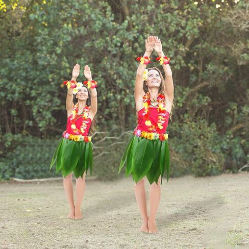 DomeStar Leaf Skirt and Garland Set, Hawaiian Style Dance Set Grass Skirt and Flowers Hairclip Banana Leaf Apron and Colorful Garland for Hawaiian Dance Beach Party Green in Saudi Arabia
