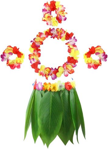 DomeStar Leaf Skirt and Garland Set, Hawaiian Style Dance Set Grass Skirt and Flowers Hairclip Banana Leaf Apron and Colorful Garland for Hawaiian Dance Beach Party Green in Saudi Arabia