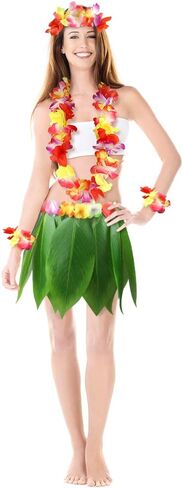 DomeStar Leaf Skirt and Garland Set, Hawaiian Style Dance Set Grass Skirt and Flowers Hairclip Banana Leaf Apron and Colorful Garland for Hawaiian Dance Beach Party Green in Saudi Arabia