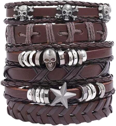 NIGHTCRUZ 6 Pcs Leather Braided Bracelet, Medieval Leather Cuff Wristband with Skull in Kuwait