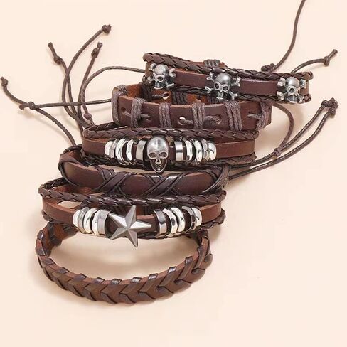 NIGHTCRUZ 6 Pcs Leather Braided Bracelet, Medieval Leather Cuff Wristband with Skull in Kuwait