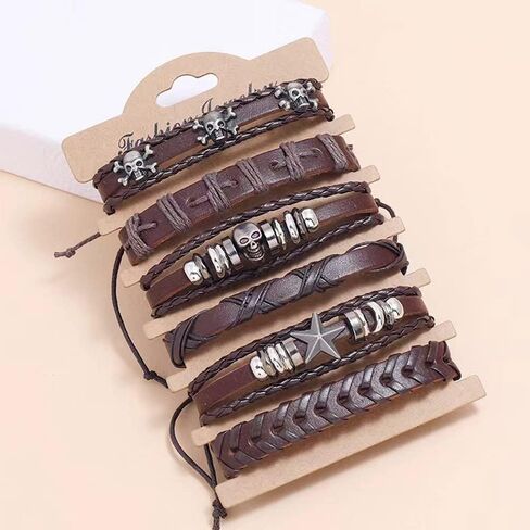 NIGHTCRUZ 6 Pcs Leather Braided Bracelet, Medieval Leather Cuff Wristband with Skull in Kuwait
