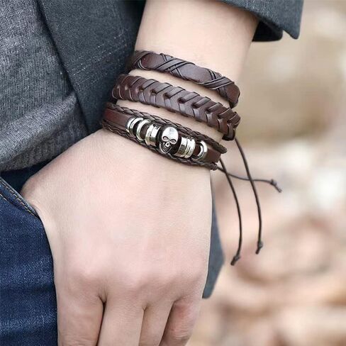 NIGHTCRUZ 6 Pcs Leather Braided Bracelet, Medieval Leather Cuff Wristband with Skull in Kuwait