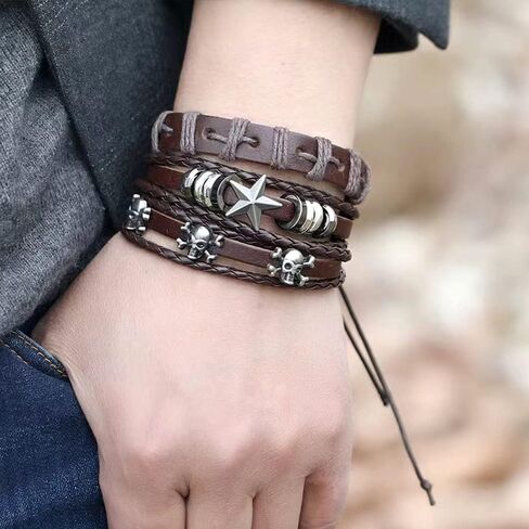 NIGHTCRUZ 6 Pcs Leather Braided Bracelet, Medieval Leather Cuff Wristband with Skull in Kuwait