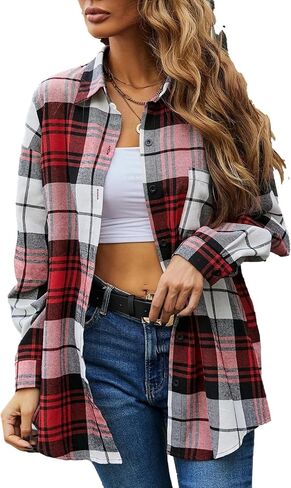 Korebow Womens Fashion Flannel Buffalo Plaid Shirt Button Down Long Sleeve Casual Loose Collared Shirts Blouse Top in Saudi Arabia