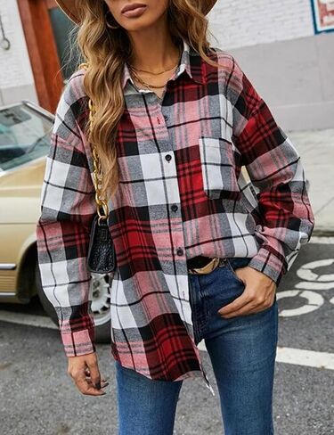 Korebow Womens Fashion Flannel Buffalo Plaid Shirt Button Down Long Sleeve Casual Loose Collared Shirts Blouse Top in Saudi Arabia