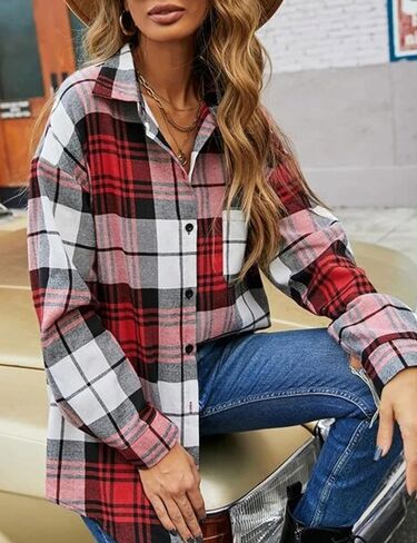 Korebow Womens Fashion Flannel Buffalo Plaid Shirt Button Down Long Sleeve Casual Loose Collared Shirts Blouse Top in Saudi Arabia
