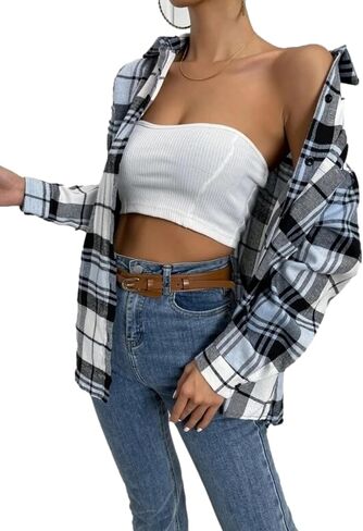 Korebow Womens Fashion Flannel Buffalo Plaid Shirt Button Down Long Sleeve Casual Loose Collared Shirts Blouse Top in Saudi Arabia