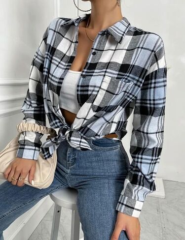 Korebow Womens Fashion Flannel Buffalo Plaid Shirt Button Down Long Sleeve Casual Loose Collared Shirts Blouse Top in Saudi Arabia