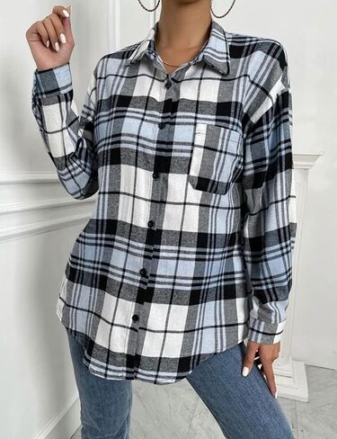 Korebow Womens Fashion Flannel Buffalo Plaid Shirt Button Down Long Sleeve Casual Loose Collared Shirts Blouse Top in Saudi Arabia