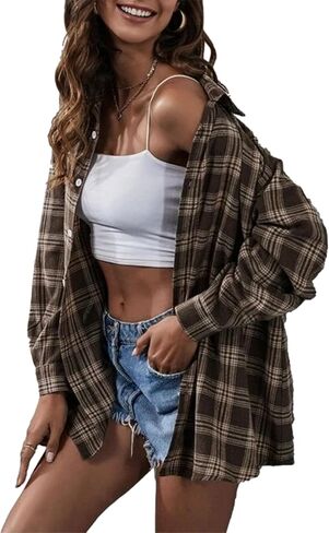 Korebow Womens Fashion Flannel Buffalo Plaid Shirt Button Down Long Sleeve Casual Loose Collared Shirts Blouse Top in Saudi Arabia