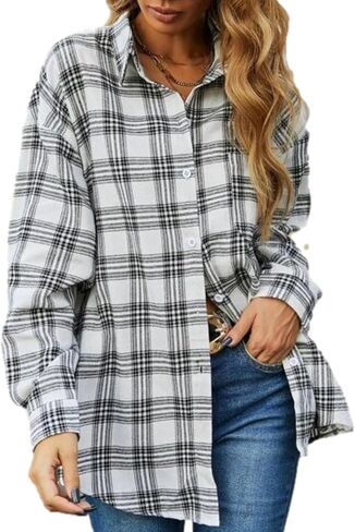 Korebow Womens Fashion Flannel Buffalo Plaid Shirt Button Down Long Sleeve Casual Loose Collared Shirts Blouse Top in Saudi Arabia
