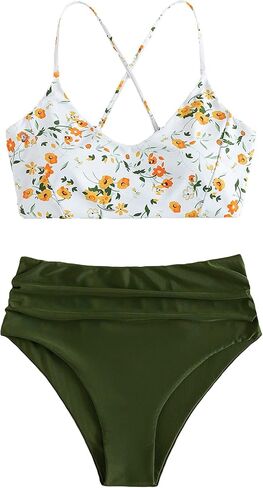SOLY HUX Women's Plus Size Floral Boho Lace up Ruched Bikini Swimsuit High Waisted Bathing Suits Beachwear in Saudi Arabia