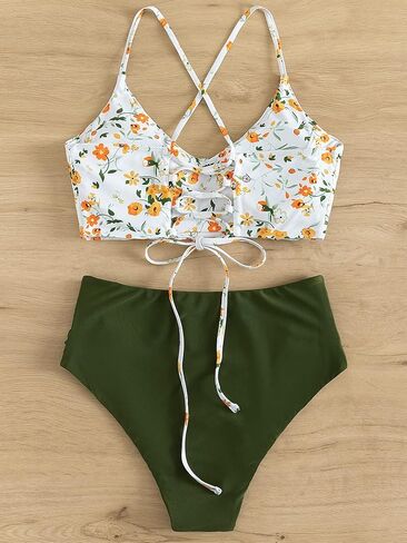 SOLY HUX Women's Plus Size Floral Boho Lace up Ruched Bikini Swimsuit High Waisted Bathing Suits Beachwear in Saudi Arabia