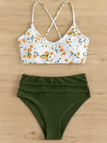 SOLY HUX Women's Plus Size Floral Boho Lace up Ruched Bikini Swimsuit High Waisted Bathing Suits Beachwear in Saudi Arabia
