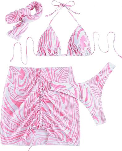 SOLY HUX Women's Printed Halter Triangle Bikini Bathing Suits with Cover Up 4 Piece Swimsuits in Saudi Arabia