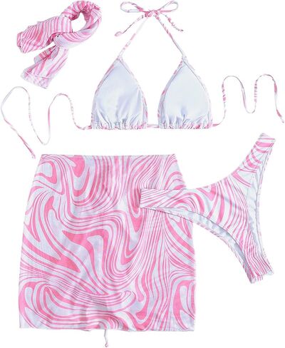 SOLY HUX Women's Printed Halter Triangle Bikini Bathing Suits with Cover Up 4 Piece Swimsuits in Saudi Arabia
