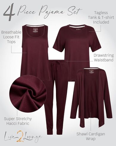 Women's Pajama Set - 4 Piece Wrap Cardigan, T-Shirt, Tank Top, and Jogger Pants (S-XL) in Kuwait