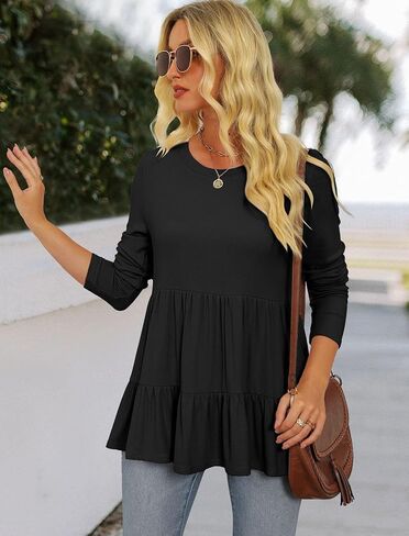 ملابس علوية نسائية بأكمام طويلة من Prettywear قمصان بيبي دول أنيقة غير رسمية بياقة دائرية ومضلعة ومتماسكة وبلوزات تونيك لخريف 2023 in Kuwait