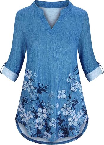 LURANEE Women 3/4 Roll Sleeve Shirts Notch V Neck Flowy Plaid Tunic Blouses in Kuwait