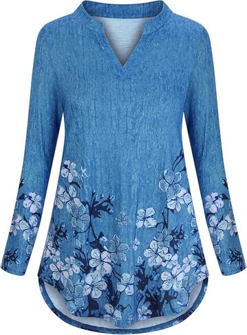 LURANEE Women 3/4 Roll Sleeve Shirts Notch V Neck Flowy Plaid Tunic Blouses in Kuwait