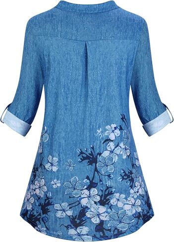 LURANEE Women 3/4 Roll Sleeve Shirts Notch V Neck Flowy Plaid Tunic Blouses in Kuwait