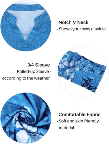 LURANEE Women 3/4 Roll Sleeve Shirts Notch V Neck Flowy Plaid Tunic Blouses in Kuwait