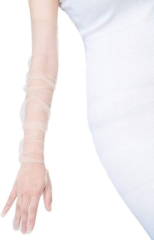 DINPREY 27 inch Long Tulle Gloves Stretchy Lace Nylon Elbow Length Sheer Gloves in Kuwait