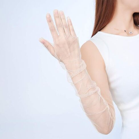 DINPREY 27 inch Long Tulle Gloves Stretchy Lace Nylon Elbow Length Sheer Gloves in Kuwait