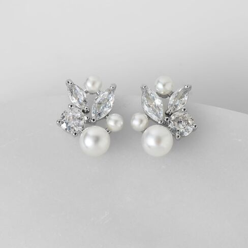 SWEETV Pearl Wedding Earrings for Brides, Bridesmaids, Bridal Pearl Cluster Earrings, Cubic Zirconia Pearl Drop Stud Earrigs for Women, Formal Jewelry Mother's Day Gifts in Kuwait
