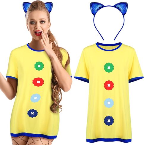 Xtinmee 2 Pcs Halloween Women's Short Sleeve Button Printed Cosplay Costume Top Cute Cat Ears Headband for Women Girls Cosplay Role Play in Saudi Arabia