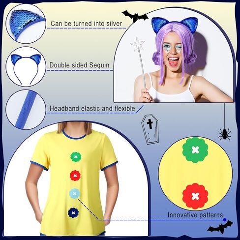 Xtinmee 2 Pcs Halloween Women's Short Sleeve Button Printed Cosplay Costume Top Cute Cat Ears Headband for Women Girls Cosplay Role Play in Saudi Arabia