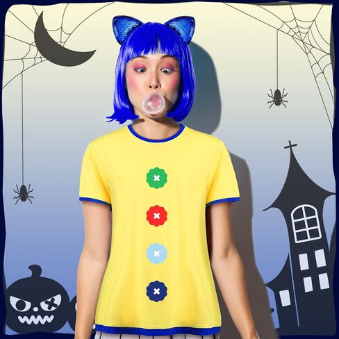 Xtinmee 2 Pcs Halloween Women's Short Sleeve Button Printed Cosplay Costume Top Cute Cat Ears Headband for Women Girls Cosplay Role Play in Saudi Arabia