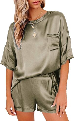 LYANER Women's Satin Silky Pajama Set Short Sleeve T-shirt With Shorts Set PJ Loungewear in Kuwait