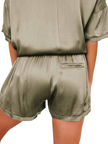 LYANER Women's Satin Silky Pajama Set Short Sleeve T-shirt With Shorts Set PJ Loungewear in Kuwait
