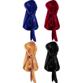 Tatuo 4 Pieces Men's Velvet Durag with Long Tail Soft Durag Headwraps for 360 Waves (Black, Green, Red, Royal Blue) in Kuwait