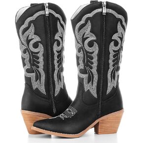 gioanroca Embroidered Cowboy Boots for Women, Fashion Retro Western Pointed Toe Chunky Heel The Knee,Pull-On Stitching Point Toe Women's Cowgirl Boots
