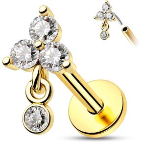 Melighting 14K Gold Flat Back Earrings Titanium Dangle Threadless Earrings for Women 16G Solid Gold Triangle Tragus Piercing Jewelry Gold Helix Earrings Flat Back Earring for Women