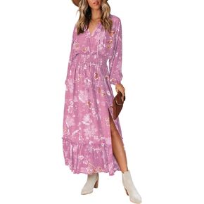 BLENCOT Women's Casual Wrap V Neck Maxi Dress Vintage Boho Floral Long Sleeve Split Ruffle Hem Beach Long Dresses Rose Pink M in Saudi Arabia