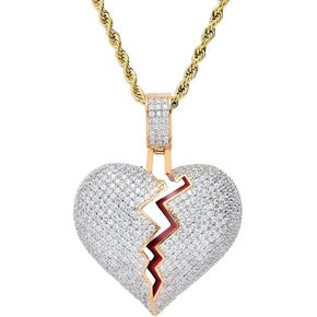 TSANLY Broken Heart Pendant Necklace Hip Hop CZ Fully Iced Out Bling CZ Diamond 24K White Gold Plated with 24" Stainless Rope Chain in Kuwait