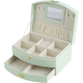 XZUZ ladies jewellery box with mirror, two tiered travel jewellery box for necklaces, bracelets, rings and earrings, an elegant jewellery storage box for handmade ladies gifts.
